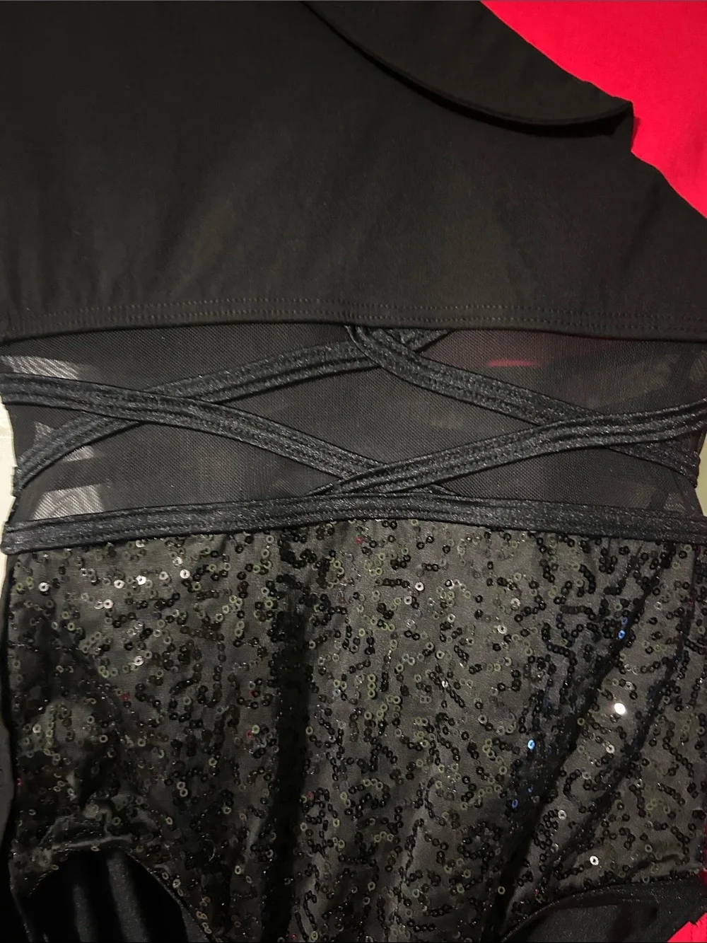 Weissman Black and Red Dance Costume Leotard with Sequin Waist